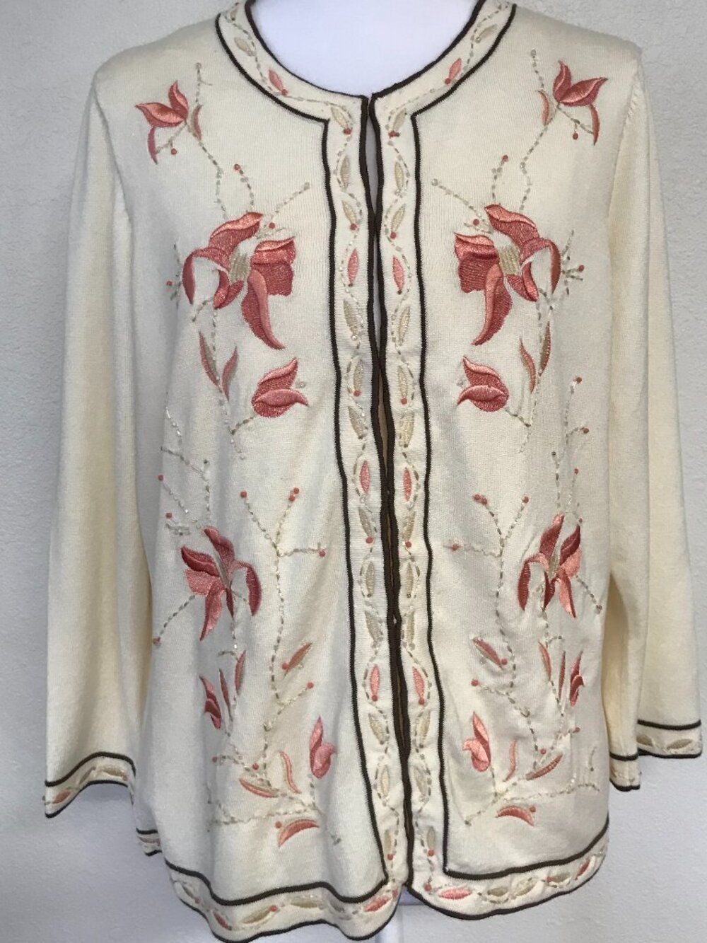 Ann Taylor Silk Blend Floral Embroidered Cardigan L Ivory Cream